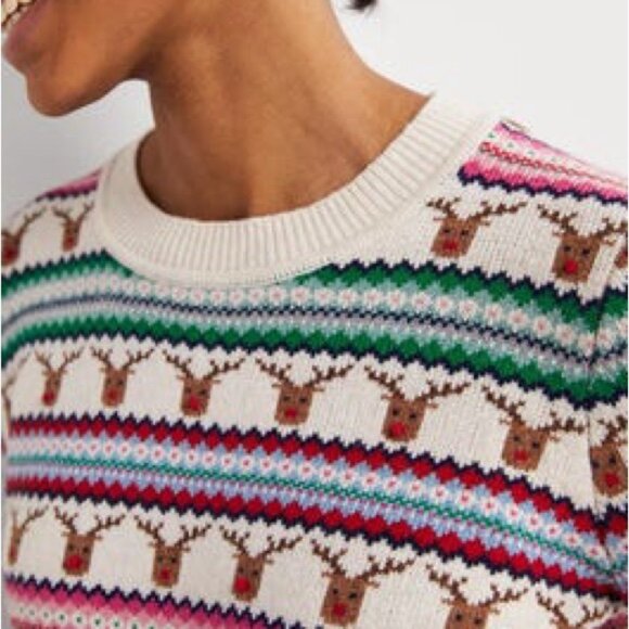 Boden Reindeer Fair Isle Christmas Cream Pink Green Holiday Sweater Size M - Picture 2 of 8